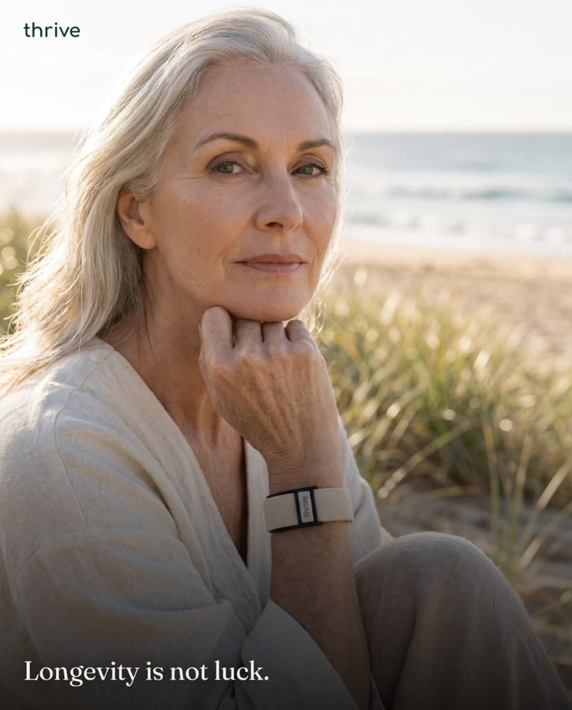 A woman on a beach at golden hour, wearing a Thrive Band on her wrist.