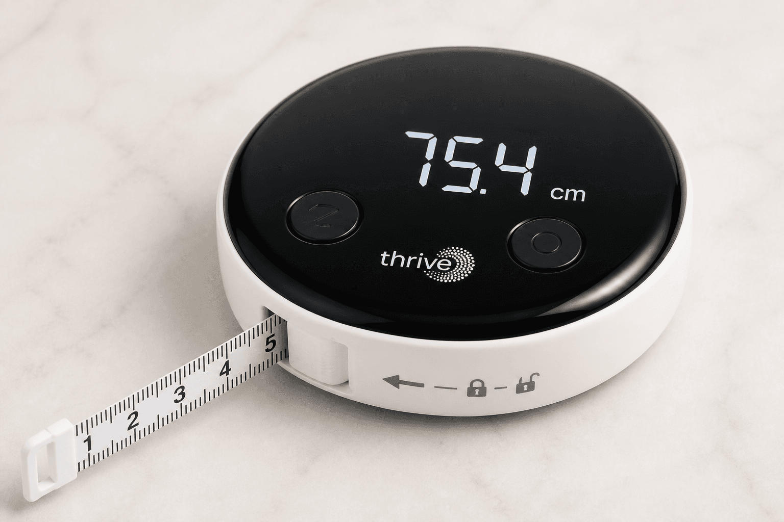 Thrive Smart Digital Measuring Tape with a white circular body, glossy black LCD showing 75.4 cm, thrive wordmark, two round buttons, and the tape extended with the easy-lock hook.