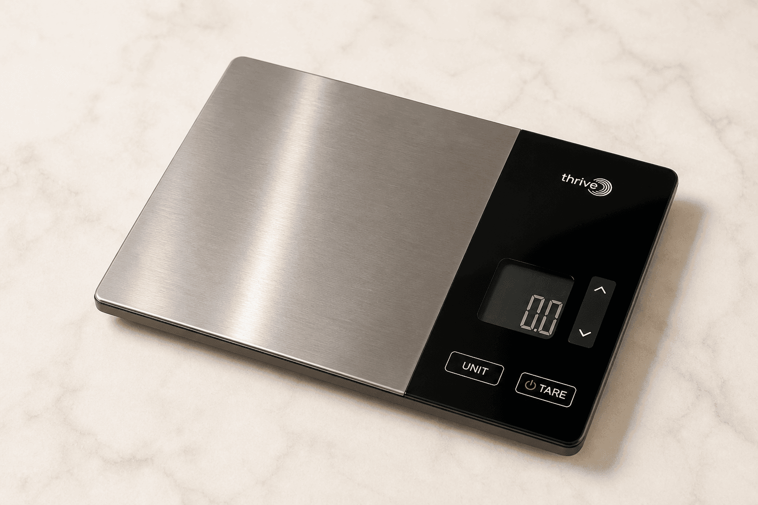 Thrive Smart Nutrition Scale with a brushed stainless weighing surface and a black control panel showing the thrive logo, LED display, UNIT and TARE.