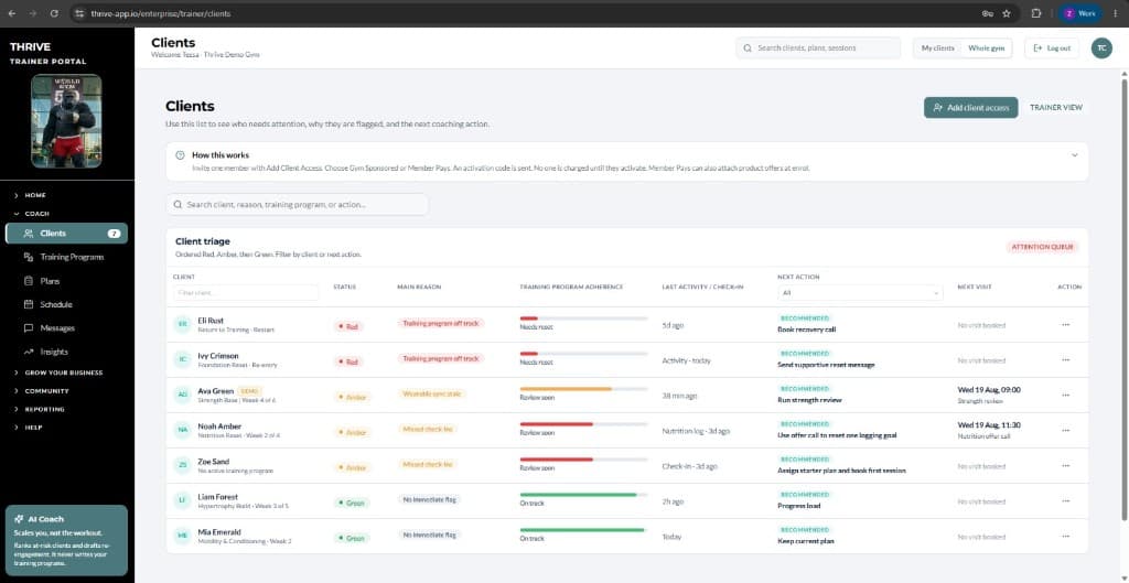 Thrive Trainer Portal Clients page, with client triage, status, reasons and next actions.