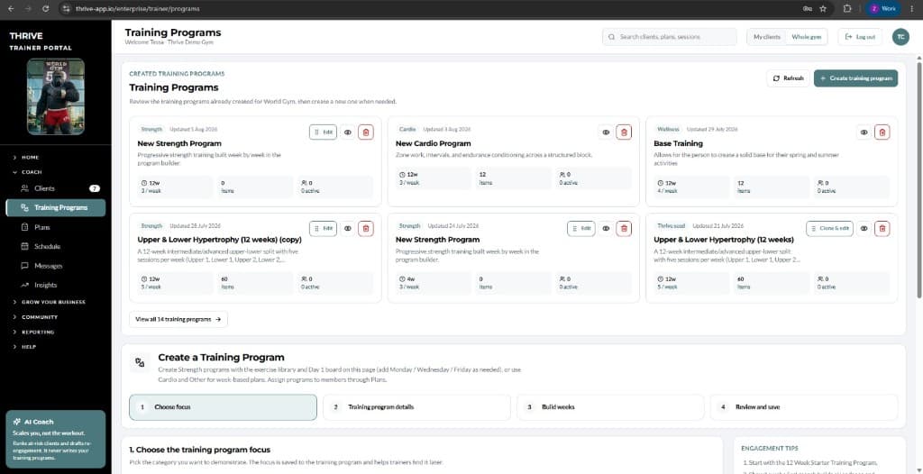 Thrive Trainer Portal Training Programs page, with program cards, create workflow and club navigation.