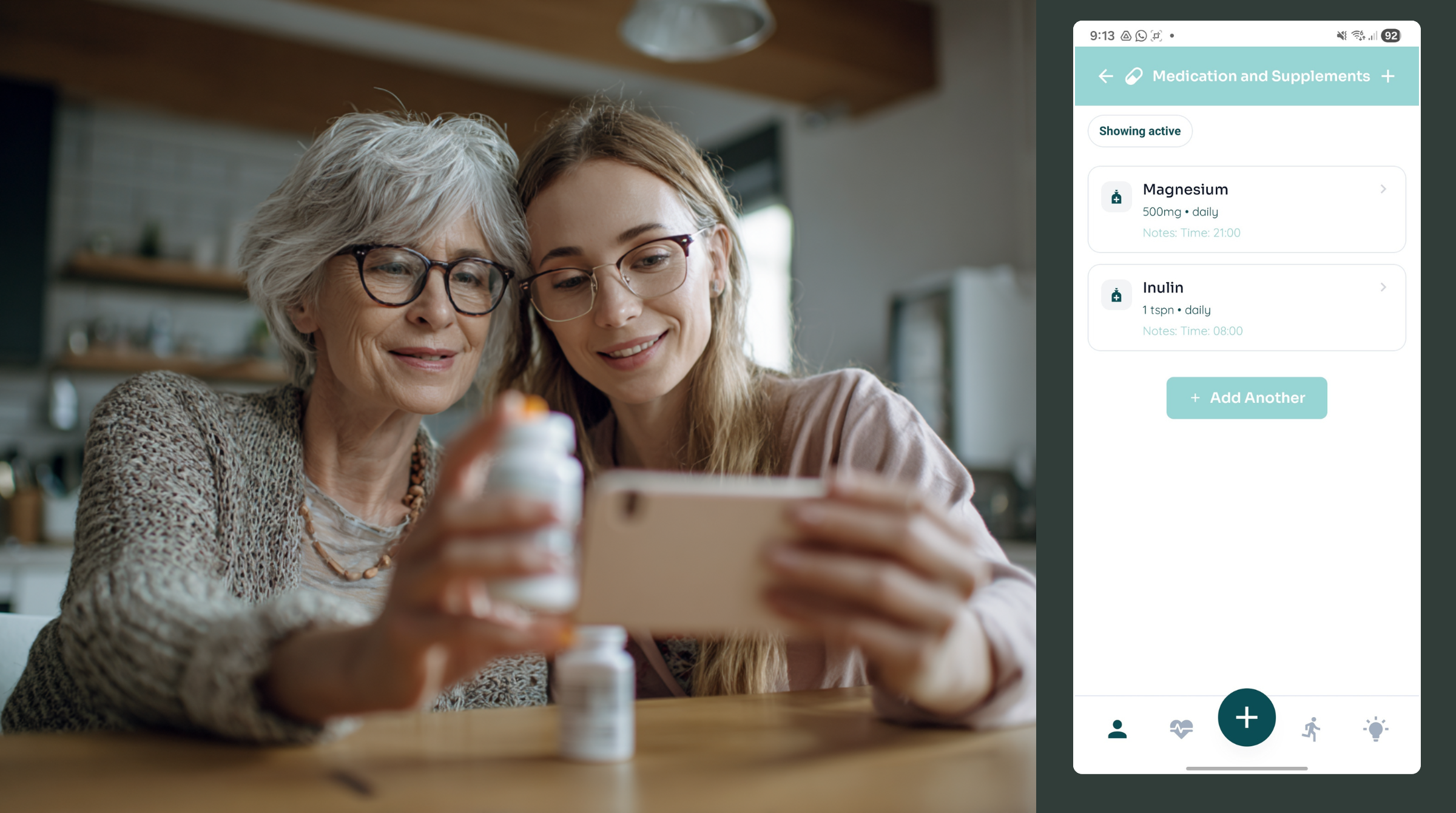 Medication and supplement list with reminders
